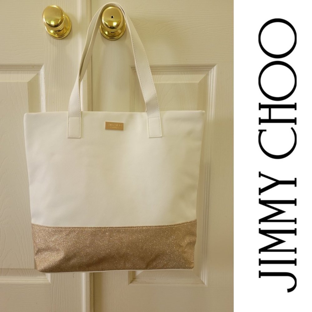 Jimmy Choo White and Champagne Gold Glitter Tote Bag Handbag Purse NWOT